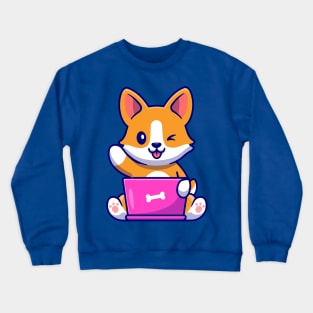 Cute Corgi Dog Working On Laptop Cartoon Crewneck Sweatshirt